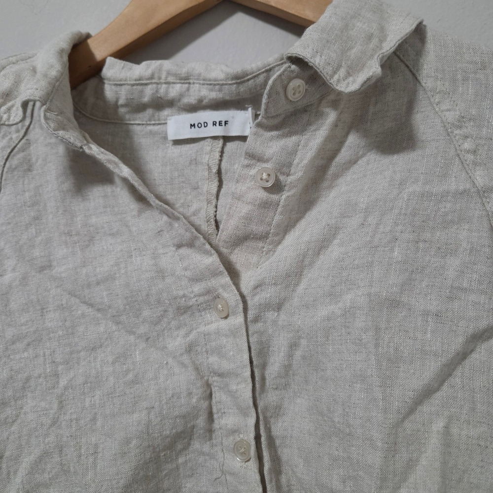 Mod Ref Women Oatmeal Beige 100% Linen Cropped Button Down Shirt Size M - Picture 2 of 5